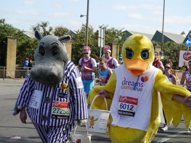 Martin Neal and Josh Press completed the Virgin London Marathon as a hippo and a duck, raising money for children's charity, Dreams Come True. The hippo won. 