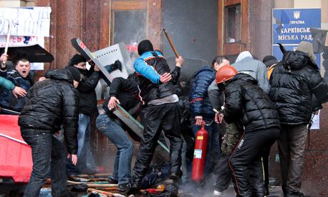 Pro-Russian activists clash with Maidan supporters as they storm the regional government building in Kharkiv on 1 March 2014. (Photograph: Sergey Bobok/AFP) Pro-Russian activists clash with Maidan supporters in Kharkiv on 1 March 2014