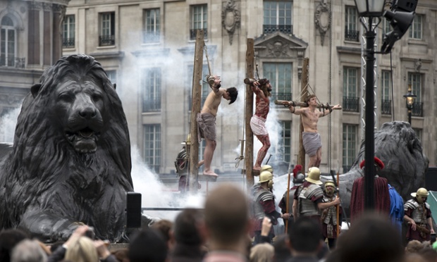 Actors of the Wintershall Players perform The Passion of Jesus on Good Friday to crowds in Trafalgar Square in London