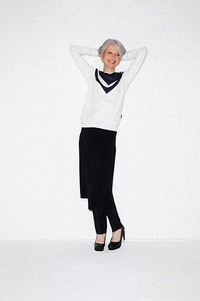 All Ages monochrome: whiet sweatshirt back skirt black high heeled shoes