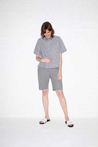 All Ages monochrome: black white checked shirt shorts pool sliders