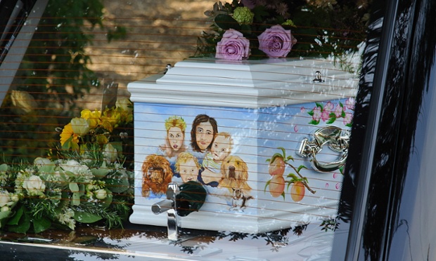 The decorated coffin carrying Peaches Geldof arrives at her funeral