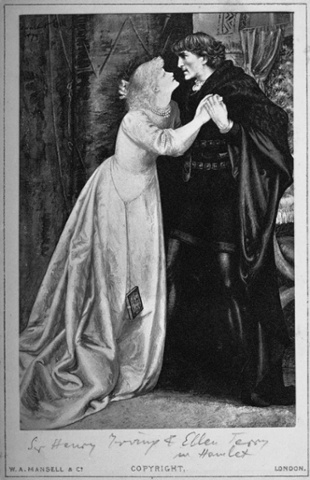 Illustration of English actors Ellen Terry and Henry Irving in the Shakespeare play Hamlet.