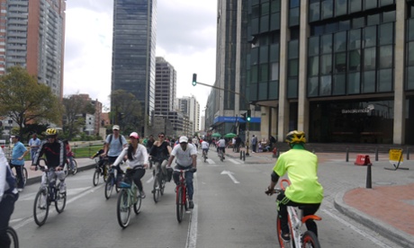 Cyclists take to the street during one of Bogotá's Ciclovía days, when cars are banned