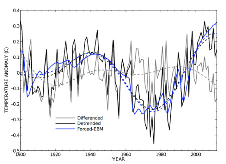 Northern Hemisphere variability comparing differenced, detrended, and forced temperature anomalies