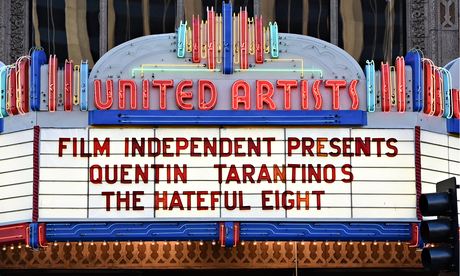 A marquee for the world premiere of the live read of The Hateful Eight in Los Angeles