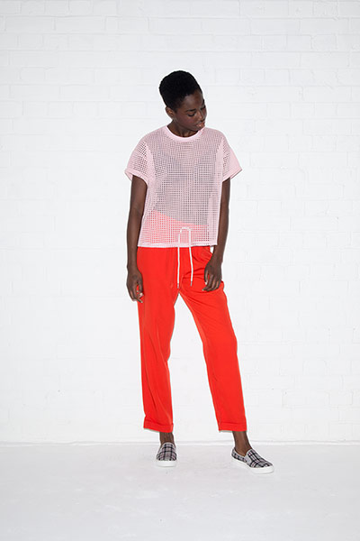 All Ages - Trousers: Bright red trousers and pink mesh top