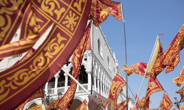 Venetians autonomists march, which had been banned by the Police, finally in front of the Doge Palace in Saint Mark's Square in Venice, Italy.
