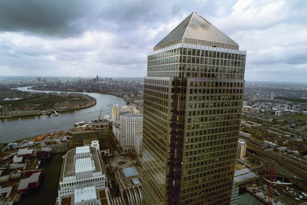 Canary Wharf tower in London's Docklands in 2001 as seen from one of the new towers under construction.
