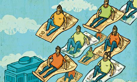 People riding on British pound banknotes in sky