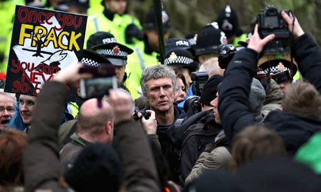 Bez is swamped by photographers during an anti-fracking protest at Barton Moss, near Manchester