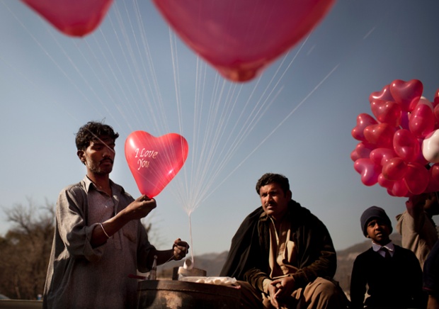 A vendor prepares balloons to sell for Valentine's Day in Islamabad, Pakistan, in February 2012