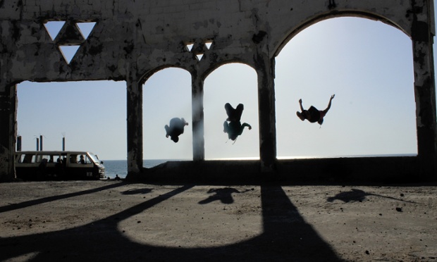 A parkour team practicing in Al-Waha a place close to Al-Sodania area that had been bombed during the last war in Gaza