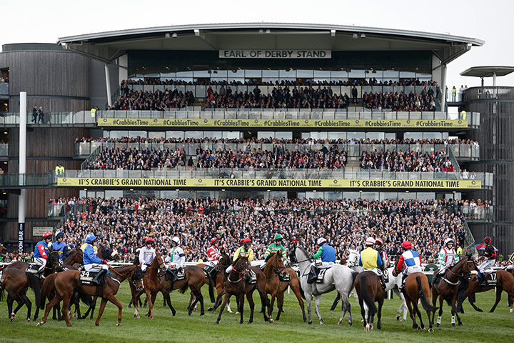 aintree day 3: The runners gather for the start in the Grand National steeplechase 