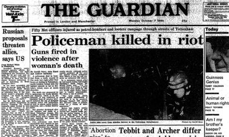 How the Guardian first reported the death of PC Keith Blakelock on 7 October 1985.