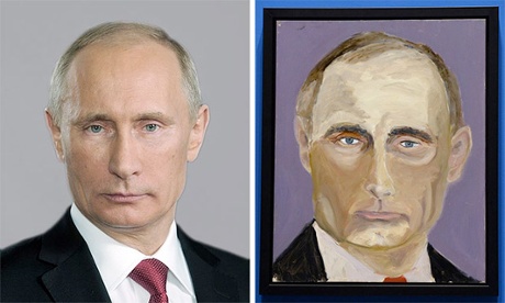 Vladimir Putin in an official portrait alongside his likeness by George Bush