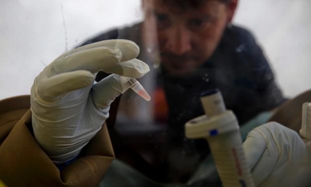 A scientist separates blood cells from plasma cells to isolate any Ebola RNA in order to test for the virus at the European Mobile Laboratory in Gueckedou 