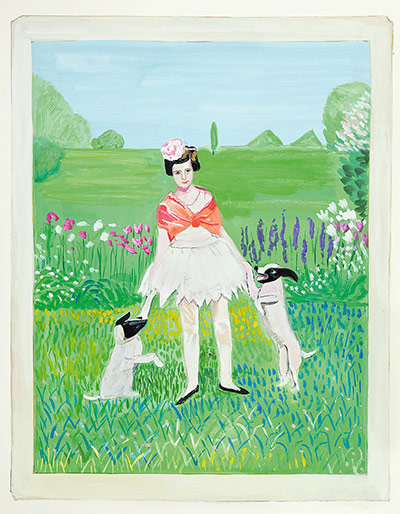 Girls Standing on Lawns: Illustration of girl with dogs by Maira Kalman 
