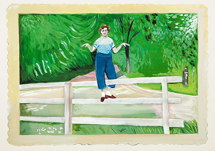 Girls Standing on Lawns: Illustration of woman by fence by Maira Kalman