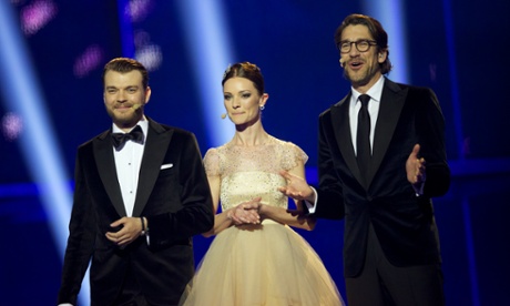 Pilou Asbaek, Lise Ronne and Nikolaj Koppel host the grand final of the Eurovision Song Contest 2014 on May 10, 2014 in Copenhagen, Denmark.