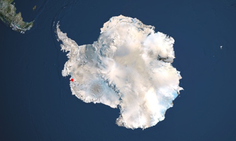 Satellite view of Antarctica with the Thwaites glacier marked in red.