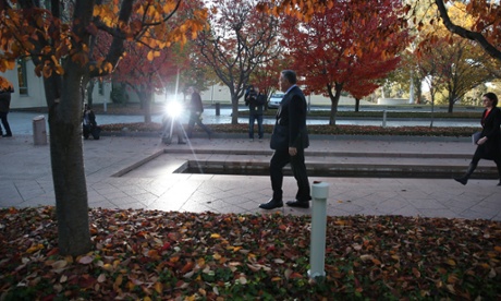 The Treasurer Joe Hockey walks to a doorstop interview with the media this morning at the Ministerial entrance to Parliament House in Canberra, Tuesday 13th May 2013