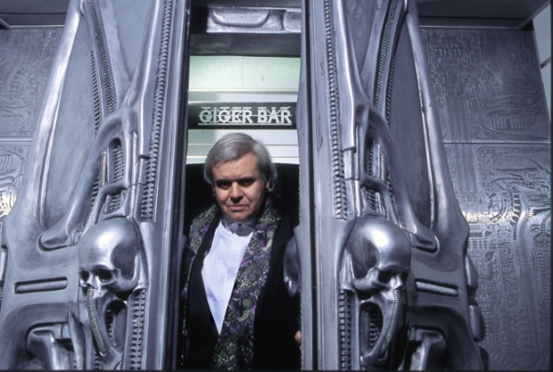 HR Giger at the entrance to the Giger bar in Chur Switzerland.