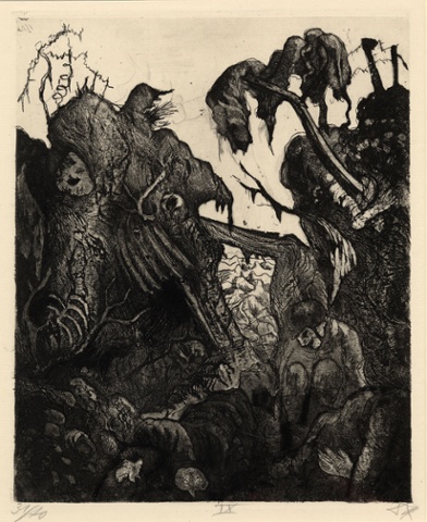 Der Krieg no.9 Collapsed trenches (Zerfallender Kampfgraben) For all its discomfort, the trench was home. Here the enemy managed to destroy a section of home and the scene is depicted almost as Armageddon. Two pieces of tattered cloth hover above the soldier. One resembles the Reaper, the other a vulture. Each awaits the soldier's fate which is most certainly death.