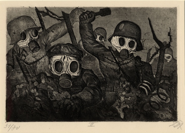 Der Krieg no.12 Stormtroops advancing under a gas attack (Sturmtruppe geht unter Gas vor) The scene is other-worldly as gas clouds the atmosphere. Their features are obscured by masks and their fingers are curled like claws. These are men who will kill by any means. But are they men?