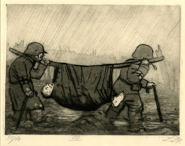 Otto Dix, Der Krieg. Der Krieg no.47 Transporting the Wounded in Houthulst Forest (Verwundetentransport im Houthulster Wald) In the First World War, the automobile was put to work as an ambulance. Trains and steam ships carried wounded to home-front hospitals. Despite such advances, a wounded man often relied on comrades to get him off the field.