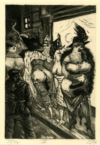 Der Krieg no.34 Front-line Soldier in Brussels (Frontsoldat in Brüssel) A soldier lurks in darkness surrounded by voluptuous whores in expensive clothing. In this view, they are nothing more than war profiteers. In reality they lived in dire poverty.