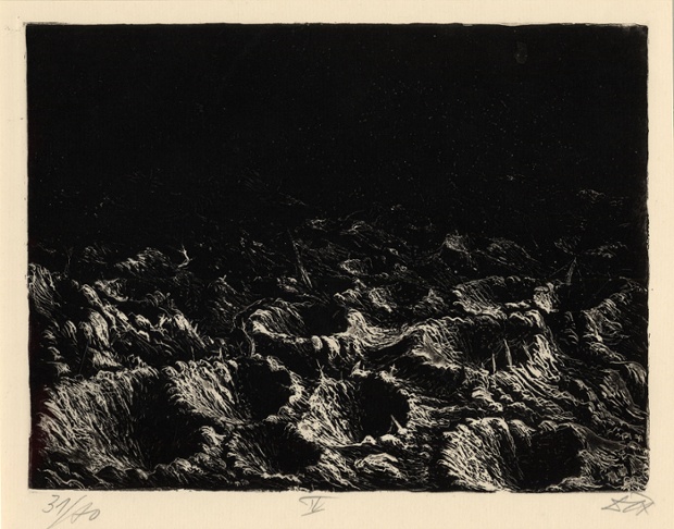 Otto Dix, Der Krieg. Der Krieg no.4 Crater field near Dontrien lit up by flares (Trichterfeld bei Dontrien, von Leuchtkugeln erhellt) Already by plate number four we begin to understand this is no ordinary series of etchings. Throughout the series, Dix demonstrates a commanding use of print techniques with etching, dry point and aquatint. Here a night time flare illuminates a lunar landscape.