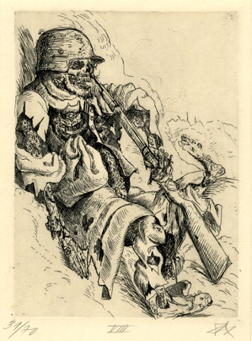 Der Krieg no.18 Dead sentry in the trenches (Toter Sappenposten) Throughout this series, Dix presents a wide array of ways in which a soldier can meet his death. We've seen men ripped by bullets as they were tangled in barbed wire or buried alive as a trench collapsed. In this plate, a soldier remains posed in the exact position he held at the moment the sniper's bullet found its target.