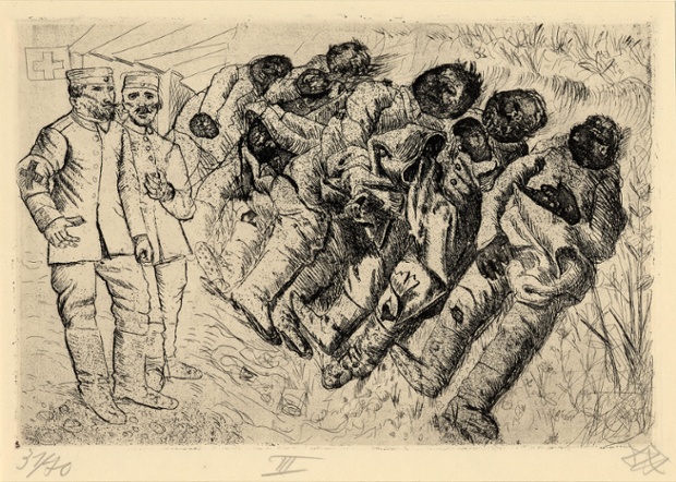 Der Krieg no.3 Gas victims - Templeux-la-Fosse, August 1916 (Gastote - Templeux-la-Fosse, August 1916) By 1924, people were aware of the horrors of gas but censored wartime reporting spared many from its ghastly details. Here the results are depicted with raw clarity of someone who was there. Indeed, much of Der Krieg was based on Dix's wartime diary drawings. Many were probably struck by the appearance of the victims, darkened for lack of oxygen and the nonchalance of the medical staff who had seen it many times before.