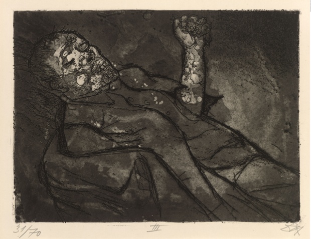 Der Krieg no.23 Dead man in the mud (Toter im Schlamm) Mud defined a soldier's experience on the Western Front. He marched in it, slept in it, fought in it and often died in it. For the artist it offered rich textures which Dix captured nicely with aquatint.