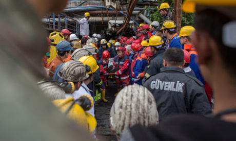 The injured and dead are carried from a coal mine in Soma, Turkey. An explosion killed 282 people in the country's worst modern mining disaster.