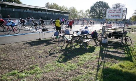 Cyclists training at Herne Hill Velodrome where he won two olympic bronze medals during the 1948 games on 15 October 2011.