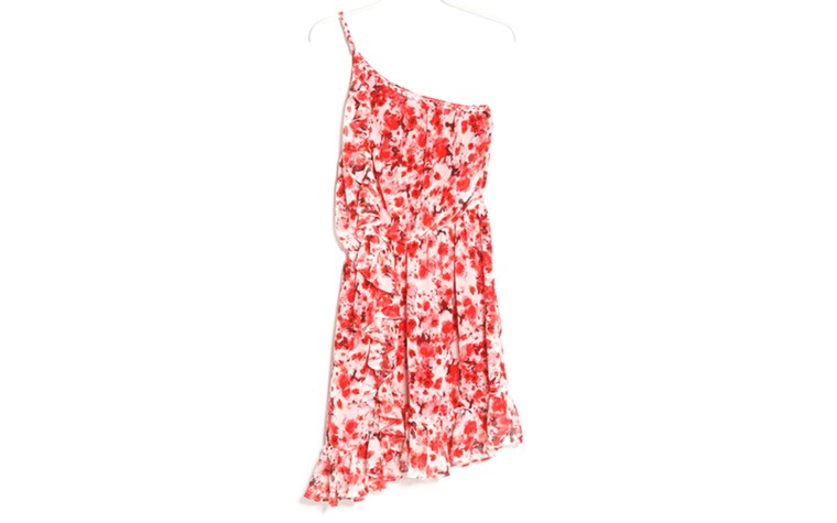 Summer dresses: Summer dresses - red white floral one shoulder dress by Mango
