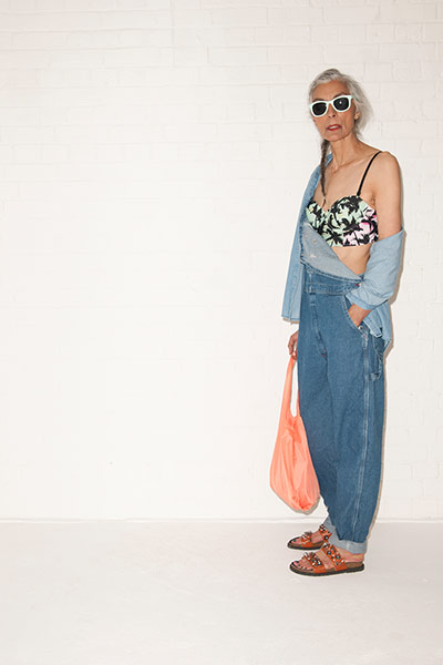 All Ages holiday: denim shirt dungarees bikini top palm leaf print orange bag sandals
