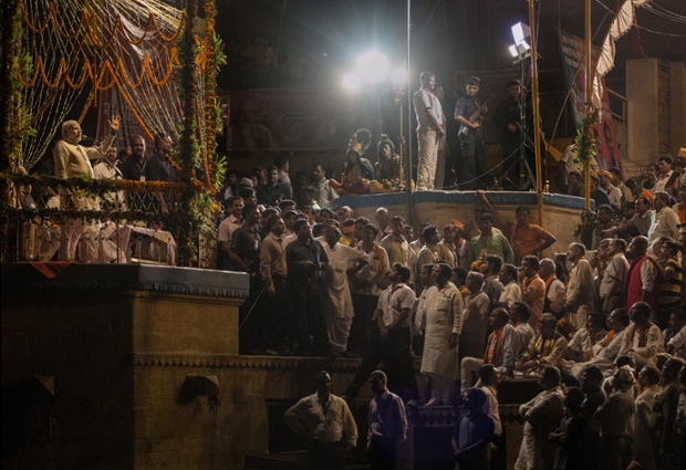 Varanasi, India: BJP leader and prime ministerial candidate Narendra Modi speaks to supporters after performing ritual prayers on the banks of the Ganges after his landslide election victory.