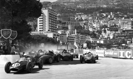 Cars contest for space at a corner in the 1958 Monaco Grand Prix, with Jack Brabham (No16)