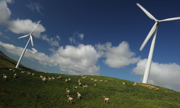 Sheep graze under wind turbines at Te Apiti wind farm in Manawatu Gorge, New Zealand