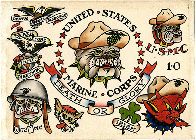 Tattoos: The Marine Corps bulldog, USA