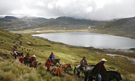 Andean people protest against Newmont Mining at the Perol lake in Cajamarca