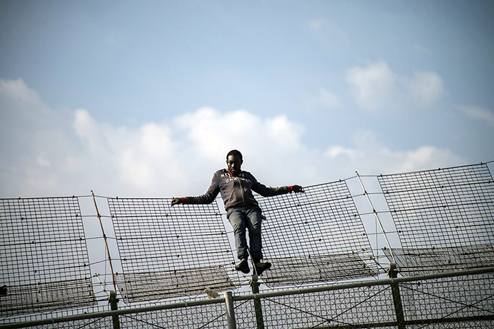 20 Photos: An African migrant on a border fence between Morocco and Spain