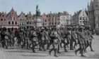 British soldiers, captured by troops of the Central Powers, walk in the main square of Bruges in Belgium escorted by the German army, 1910s