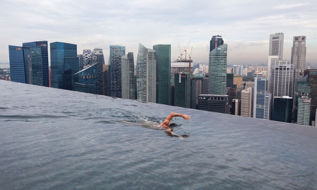 This swimming pool must make the lengths less boring. Australian swimmer Christian Sprenger conducts a swim clinic for youths at Marina Bay Sands in Singapore.