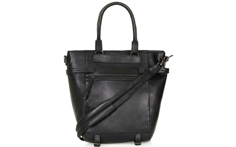 15 handbags under £150: 15 handbags under £150 - black leather tote w cross body strap by Topshop