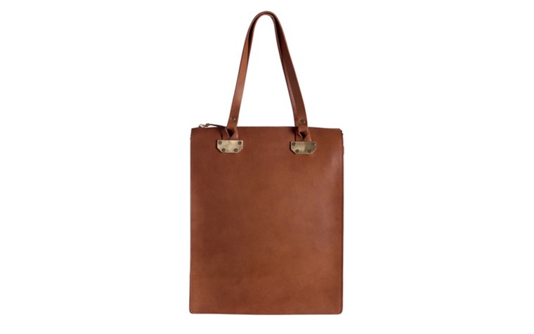 15 handbags under £150: 15 handbags under £150 - brown leather tote with gold metal trim by Pieces