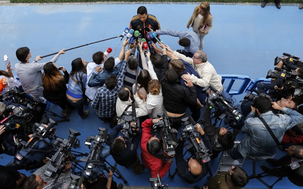 Cristiano Ronaldo speaks to the media ahead of the UEFA Champions League final against Club Atletico de Madrid, at Valdebebas Sport City in Madrid, Spain.